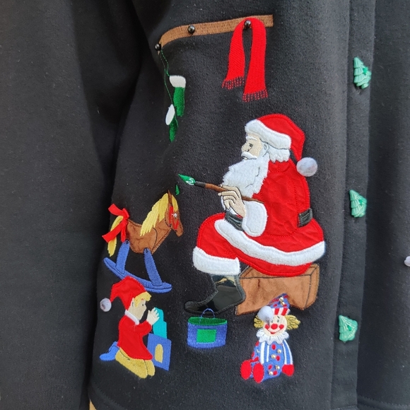 Karen Scott Woman's Christmas  Sweater w/ Santa, Elves & Tree Buttons - Picture 2 of 7